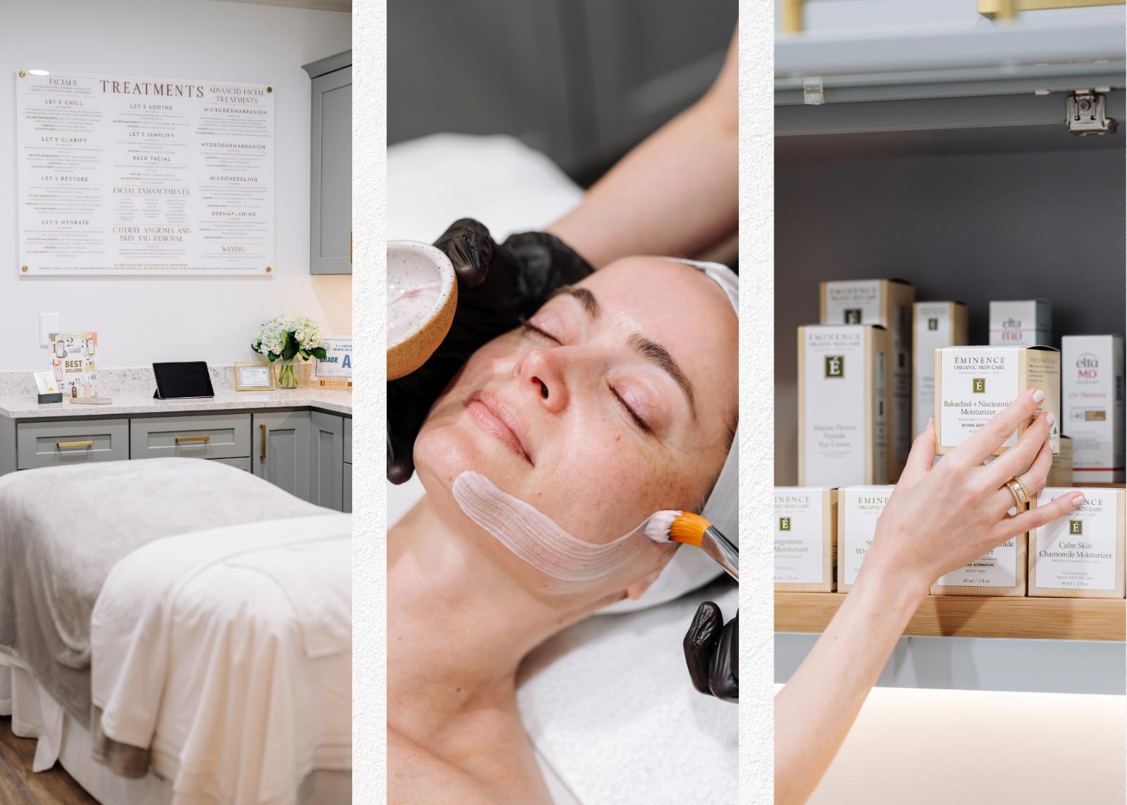 Dapper Skin Studio treatment room, facial client having a mask brushed on, esthetician reaching for Eminence Organics skin care products